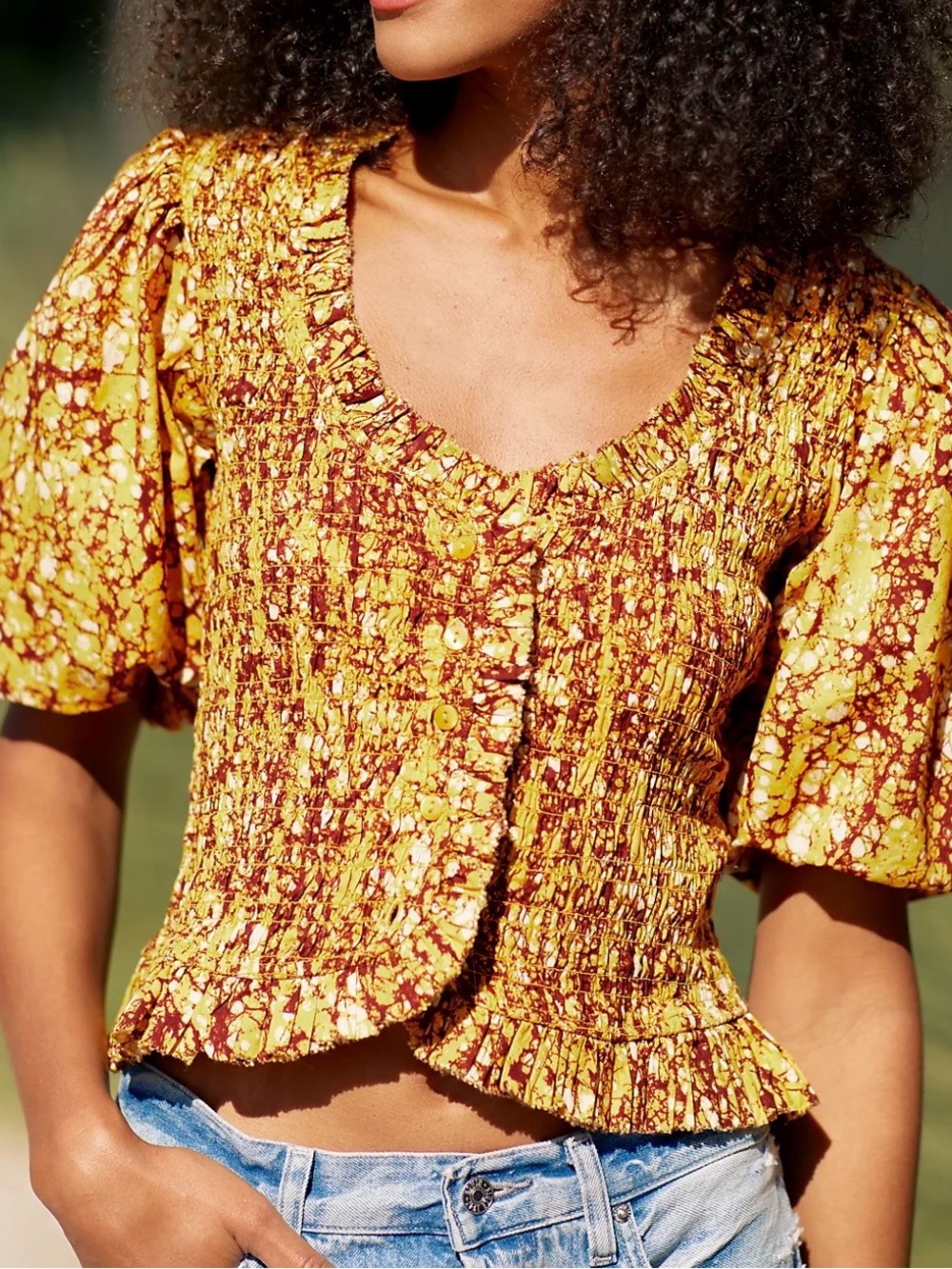 Love the label Yellow Smocked Blouse with Puff Sleeves